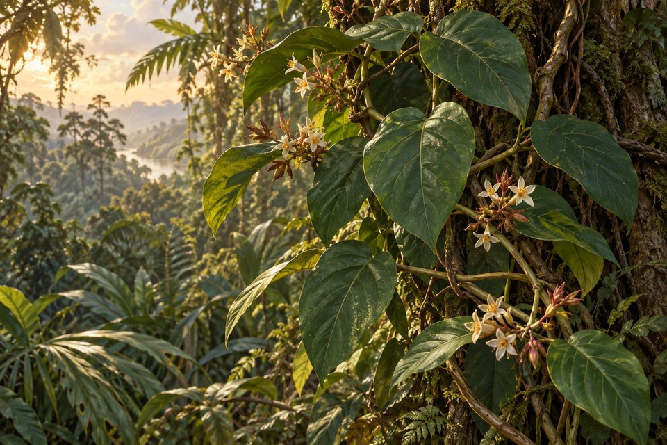 Artistic botanical illustration accompanying Diplopterys Cabrerana: Discover the Secrets of Ayahuasca