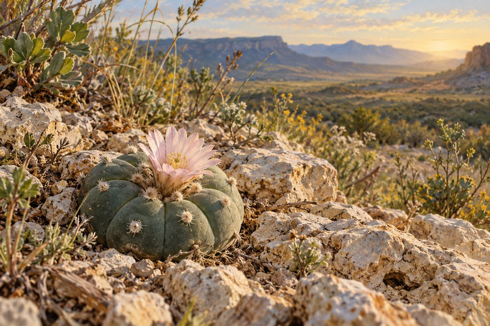 Artistic botanical illustration accompanying The Sacred Peyote Cactus: Growing, Uses, and Cultural Significance