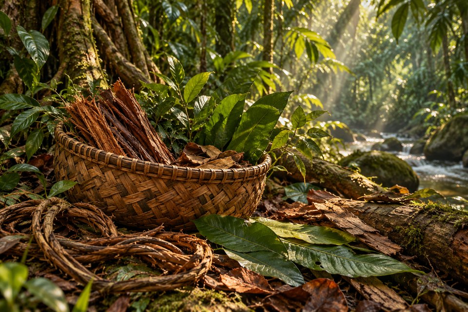 Artistic botanical illustration accompanying Snuff Traditions of the Amazon: Indigenous Tribes and Their Sacred Use