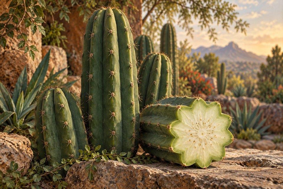 Artistic botanical illustration accompanying Dried Cactus Tissue: A Closer Look at Traditional Mescaline Species