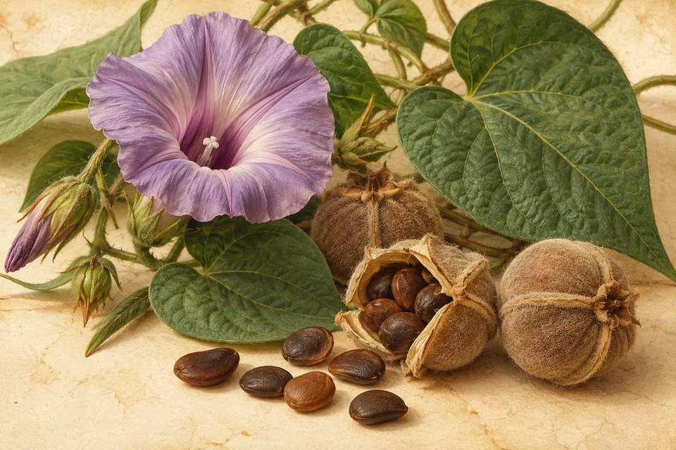 Artistic botanical illustration accompanying Baby Hawaiian Woodrose Seeds from Hawaii & Madagascar