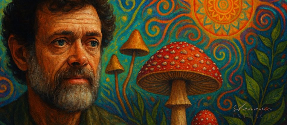 Artistic portrait of a bearded man with mushrooms and psychedelic background, depicting themes of psychedelics, mushrooms, and plant studies.