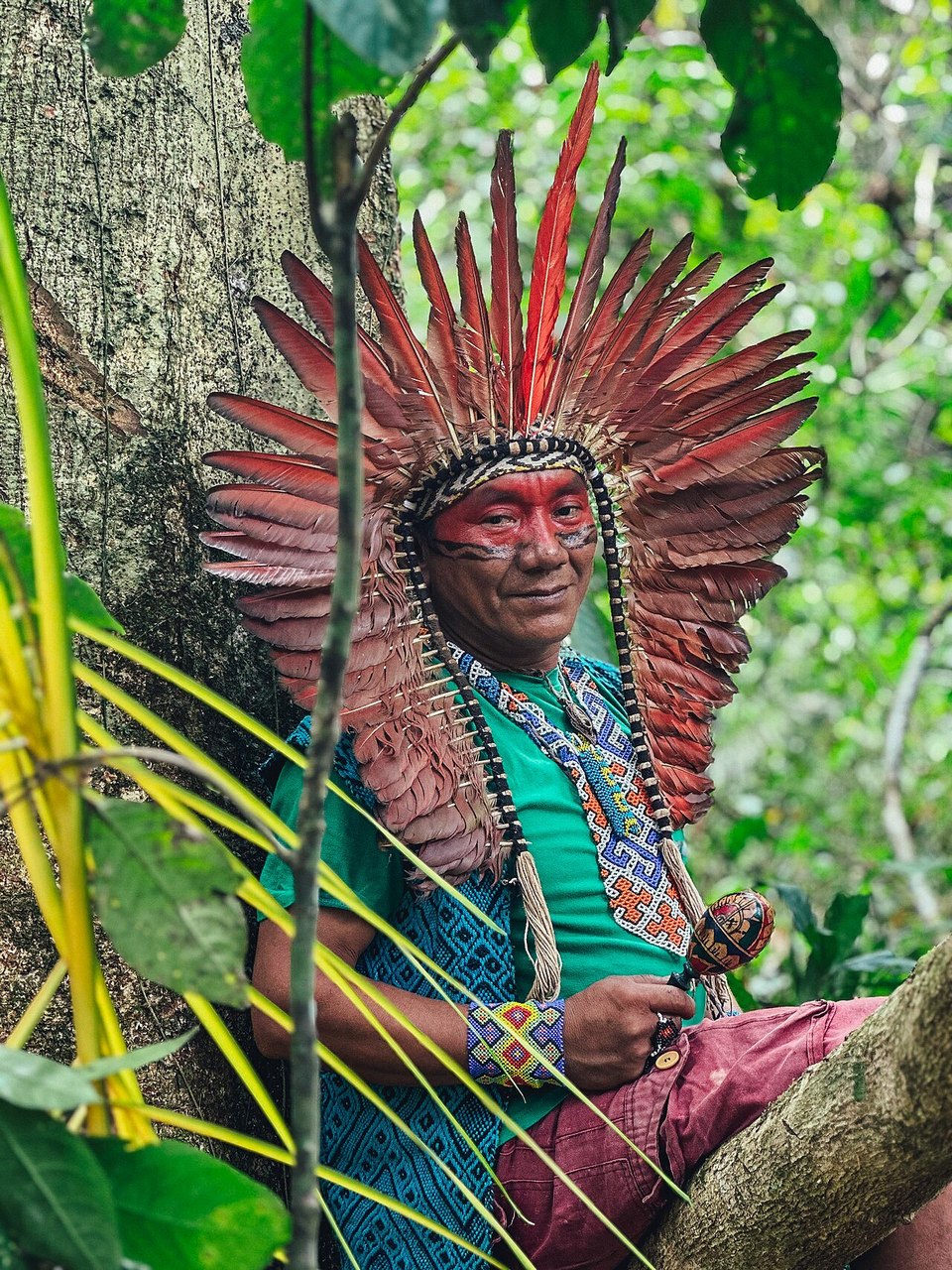 Teacher and pajé Tuim praying in the forest during the Huni Kuin Katxa Nawa festival in Acre, Brazil, September 2023